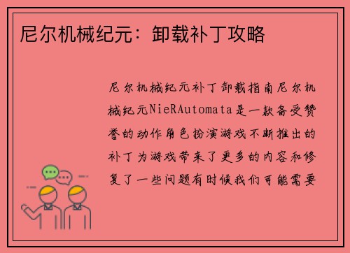尼尔机械纪元：卸载补丁攻略
