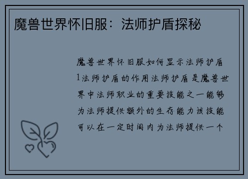 魔兽世界怀旧服：法师护盾探秘