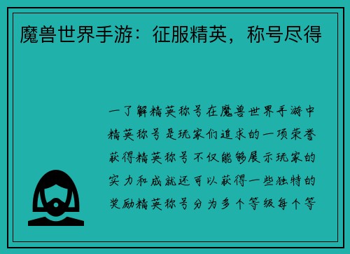 魔兽世界手游：征服精英，称号尽得