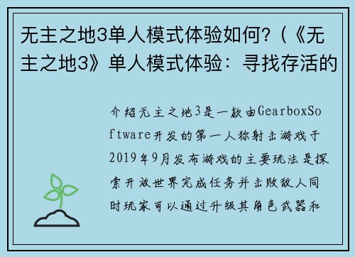 无主之地3单人模式体验如何？(《无主之地3》单人模式体验：寻找存活的机会)